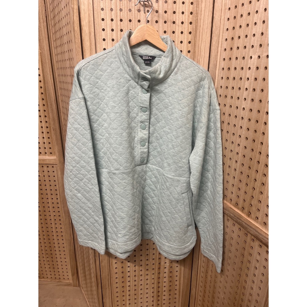 Eddie Bauer Womens XL Light Blue Quilted Snap Neck Pullover Sweatshirt Pockets
